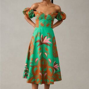 Anthropologie Green and Orange Puff Sleeve Sundress
